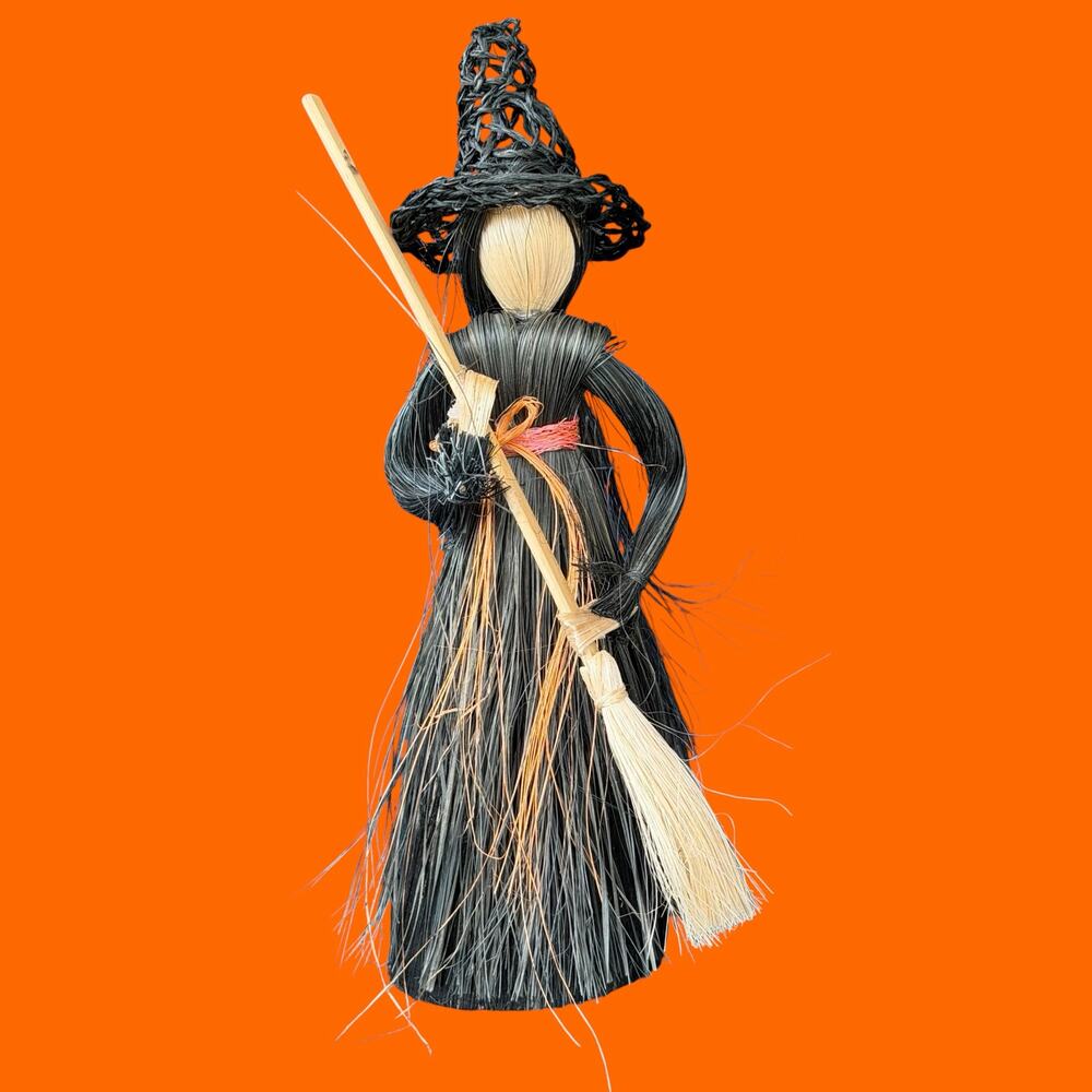 Vintage Raffia Witch Doll Paper Cone Halloween Folk Art Starched Straw